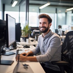 Ragazzo lavora al pc mentre sorride, programmatore, ambiente di lavoro positivo