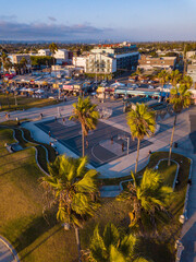 Aerial views, taken with a drone during, a winter sunset in Venice Beach, Los Angeles, California,...