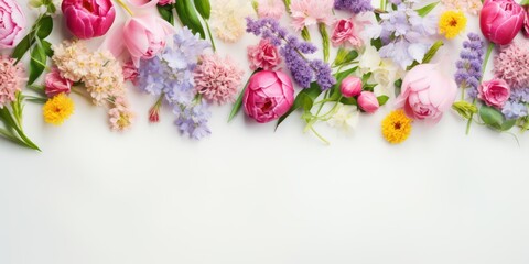 Colorful spring flowers on white background. Flat lay, top view