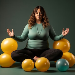 Overweight woman practicing yoga and meditation at Studio