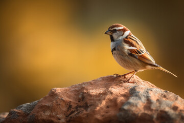 House Sparrow (Passer domesticus) on a rock at sunset