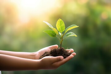 Human hands holding a young plant with green bokeh background. - obrazy, fototapety, plakaty