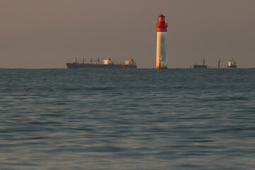 Phare de Chauvea near Ile de Re with ships to La Rochelle, Pays de la Loire, France