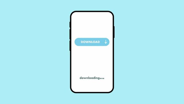 Animation of data being downloaded on smartphone. Download button appearing on a mobile phone. „Download complete“ showing up after loading screen.