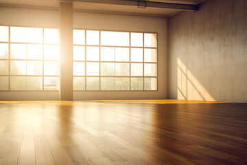 Empty room with big window in background, warm morning light