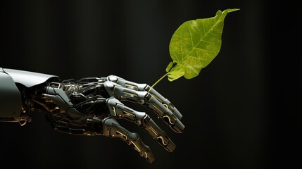 Robot hand future concept technology food science apple flower green industry arm isolated 3d plant artificial fruit. Future tech robot hand hold nature biology synthetic. AI Generative illustration - obrazy, fototapety, plakaty