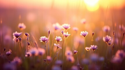 Beautiful meadow with flowers at sunset. Nature background
