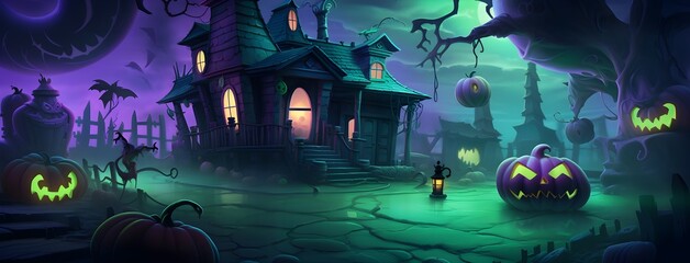Halloween haunted house is an addictive halloween theme background with pumpkins, creepy ghosts, and witches, in the style of dark purple and green