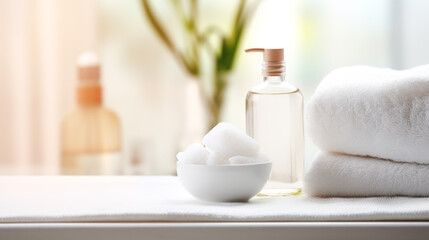 Fototapeta na wymiar Spa products on white table in bathroom, closeup. Beauty treatment