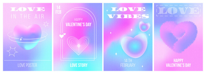 Happy Valentine's Day templates of greeting cards or posters in y2k style. Trendy minimalist aesthetic with gradients, typography, abstract forms. Vector illustrations in a pink and blue palette.