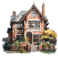 Fototapeta na wymiar Watercolor illustration of a vintage brown house. Generative AI, png