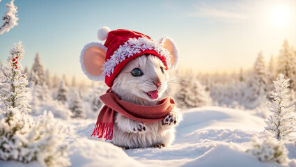 Cute cartoon mouse wearing a Santa hat on a background of snow