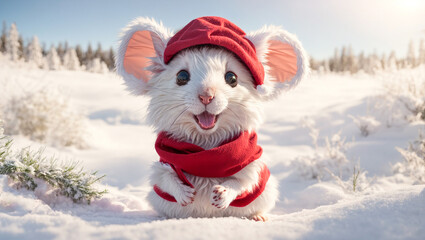 Cute cartoon mouse wearing a Santa hat on a background of snow