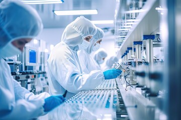In a modern industrial facility, scientists and technicians work together on pharmaceutical and medical research - 657235995