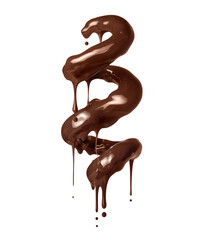Chocolate spiral with dripping drops isolated on white background. Hot chocolate in twisted shape