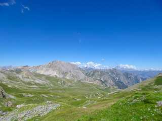 Fototapeta na wymiar Scenic view from Monte Oserot near rifugio della Gardetta on Italy French border in Maira valley in Cottian Alps, Piedmont, Italy, Europe. Hiking on alpine pasture on sunny summer day in mountains