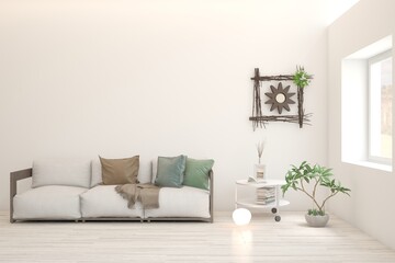 White modern interior design with sofa. Scandinavian interior design. 3D illustration