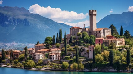 
İtalya'nın Veneto bölgesi, Garda Gölü'ndeki eski şehir Malcesine'deki antik kule ve kale. Ev çatılı yaz manzarası. seyahet konsepti. - obrazy, fototapety, plakaty