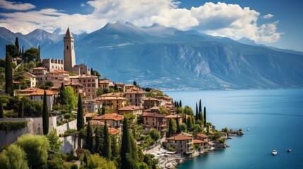 
İtalya'nın Veneto bölgesi, Garda Gölü'ndeki eski şehir Malcesine'deki antik kule ve kale. Ev çatılı yaz manzarası. seyahet konsepti.