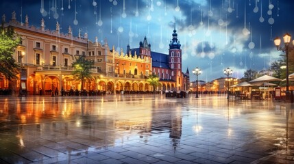Astonishing cityscape of Krakow with St. Mary's Basilica on Main Square. Popular tourist destination. Location: Krakow, Lesser Poland Voivodeship, Poland, Europe. Travel concept. - obrazy, fototapety, plakaty