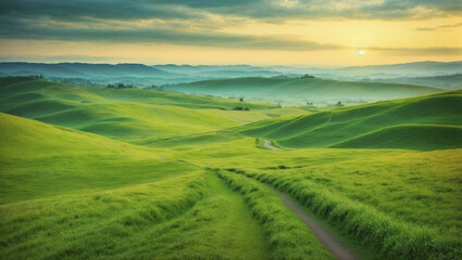 Winding path through lush fields in hilly terrain, illuminated by dawn's light against a cloud-dappled blue sky