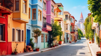 Fototapeta na wymiar Beautiful colorful houses in Istanbul. Historical houses of Turkey belonging to the Ottoman period. View of colorful houses from the streets of Istanbul. summer landscape in the city. Balat, istanbul.