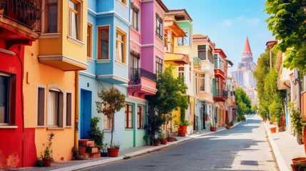 Tuinposter Beautiful colorful houses in Istanbul. Historical houses of Turkey belonging to the Ottoman period. View of colorful houses from the streets of Istanbul. summer landscape in the city. Balat, istanbul. © Shahla