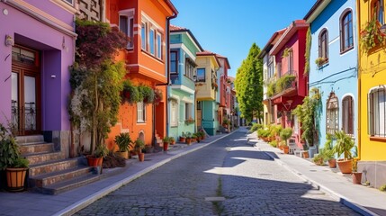 Fototapeta na wymiar Beautiful colorful houses in Istanbul. Historical houses of Turkey belonging to the Ottoman period. View of colorful houses from the streets of Istanbul. summer landscape in the city. Balat, istanbul.