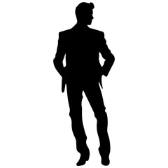 Vector silhouette of a man in a business suit standing, black color isolated on a white background