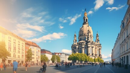 Breathtaking view of of Baroque church - Frauenkirche at Neumarkt square in downtown of Dresden. Popular tourist destination. Location: Dresden, state of Saxony, Germany, Europe - obrazy, fototapety, plakaty