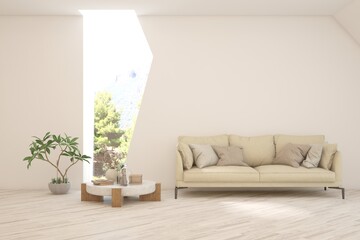 White modern interior design with sofa. Scandinavian interior design. 3D illustration