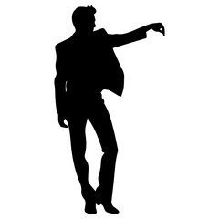 Vector silhouette of a man in a business suit standing, black color isolated on white background