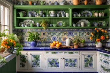 Maximalist style kitchen decorated in bright colors, with flowers and mediterranean design elements