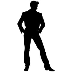 Vector silhouette of a man in a business suit standing, black color isolated on white background