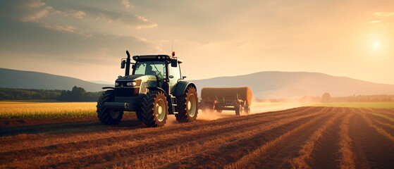 A farmer driving a tractor prepares the field. As part of pre seeding chores in the early spring season of agricultural labor. Tractor plowing field at sunny day. Generative ai