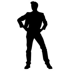 Vector silhouette of a man in a business suit standing, black color isolated on white background