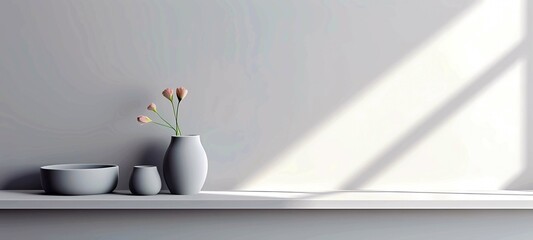 Minimalist interior with vase and flower 3D rendering, creative concept,Generative AI illustrations.
