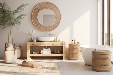 Boho style bathroom  interior with rattan furniture and greenery  filled with light - obrazy, fototapety, plakaty