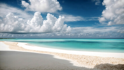 Fototapeta na wymiar Beach featuring pristine white sands, a calm turquoise ocean, and a sunlit sky of fluffy clouds
