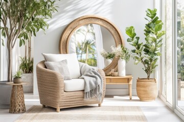 Boho style living room interior with rattan furniture and greenery  filled with light