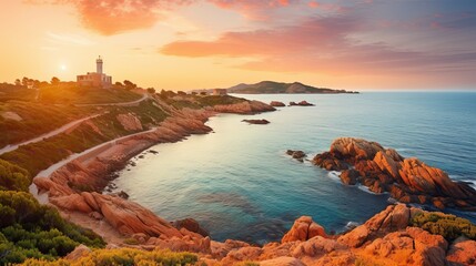Panoramic view of sunrise over Capo Ferro Lighthouse. Porto Cervo, Province of Sassari, Sardinia, Italy, Europe - obrazy, fototapety, plakaty