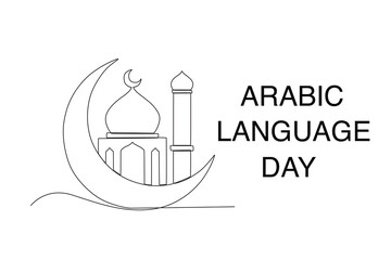 A mosque and a crescent moon. Arabic language day one-line drawing - obrazy, fototapety, plakaty