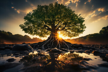 A tree with roots stretching deep into the ground, representing the foundations and origins of philosophical thought. Concept of philosophical roots. Generative Ai. - obrazy, fototapety, plakaty