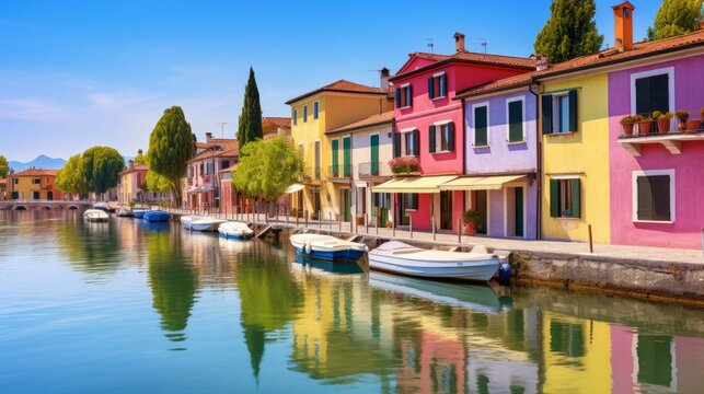 Fototapeta Peschiera del Garda - charming village located on the magnificent lake Lago di Garda, famous for its colorful houses. Verona province, northern Italy