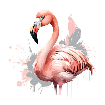 Watercolor illustration of pink flamingo paint in splashes style, isolated on a transparent background. Clip art of animal for design, greeting card, invitation, textile, template or wall art