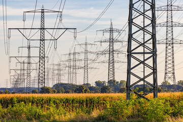 Unzählige Strommasten und Stromleitungen verschandeln die Landschaft in der deutschen Energiewende - obrazy, fototapety, plakaty