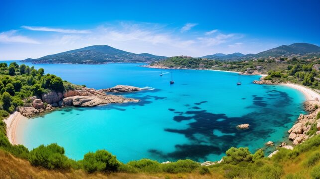 Remarkable view of Palombaggia and Tamaricciu beaches. Famous travel destination. Location: Porto-Vecchio, Corsica, France, Europe