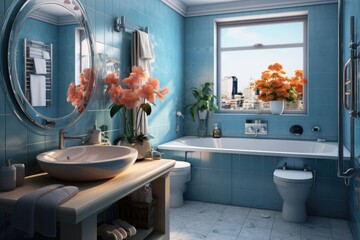 Modern bathroom design with bath tub and blue walls