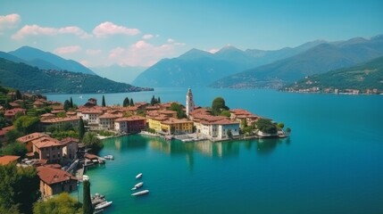 Romantic beautiful lake Iseo, aerial view of Lovere idyllic village surrounded by mountains. Italy , Bergamo province - obrazy, fototapety, plakaty