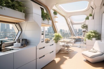 Interior design of modular micro apartment, contemporary futuristic furniture, micro kitchen, biophilic green balcony - obrazy, fototapety, plakaty